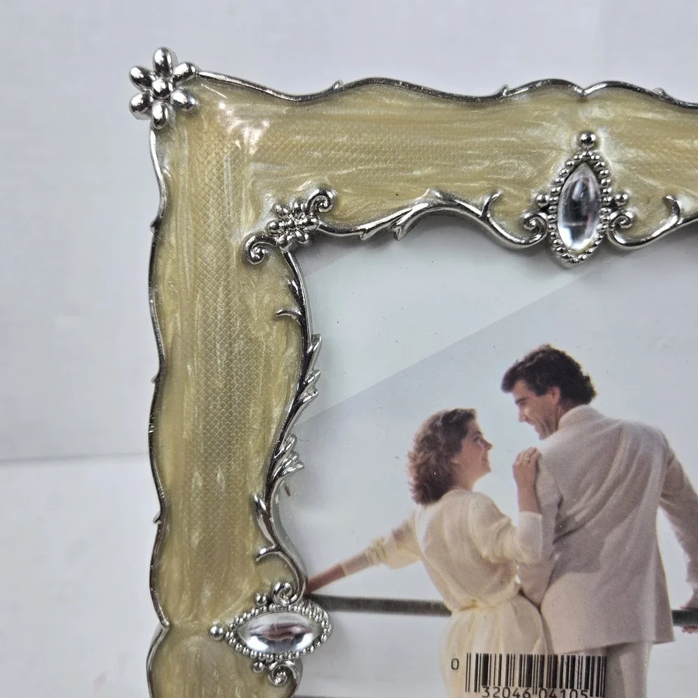 Decorel 5x7 Ornate Filigree Photo Frame Beige Enamel and Jewels Free Standing